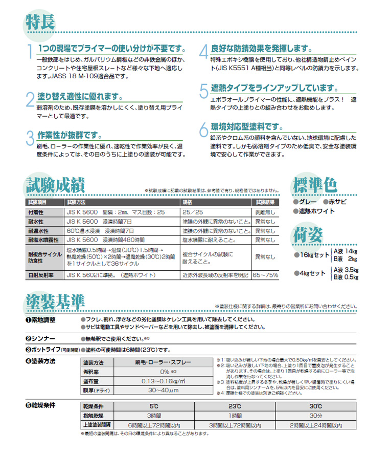 エポラオールプライマー　遮熱ホワイト　16kgセットの特長