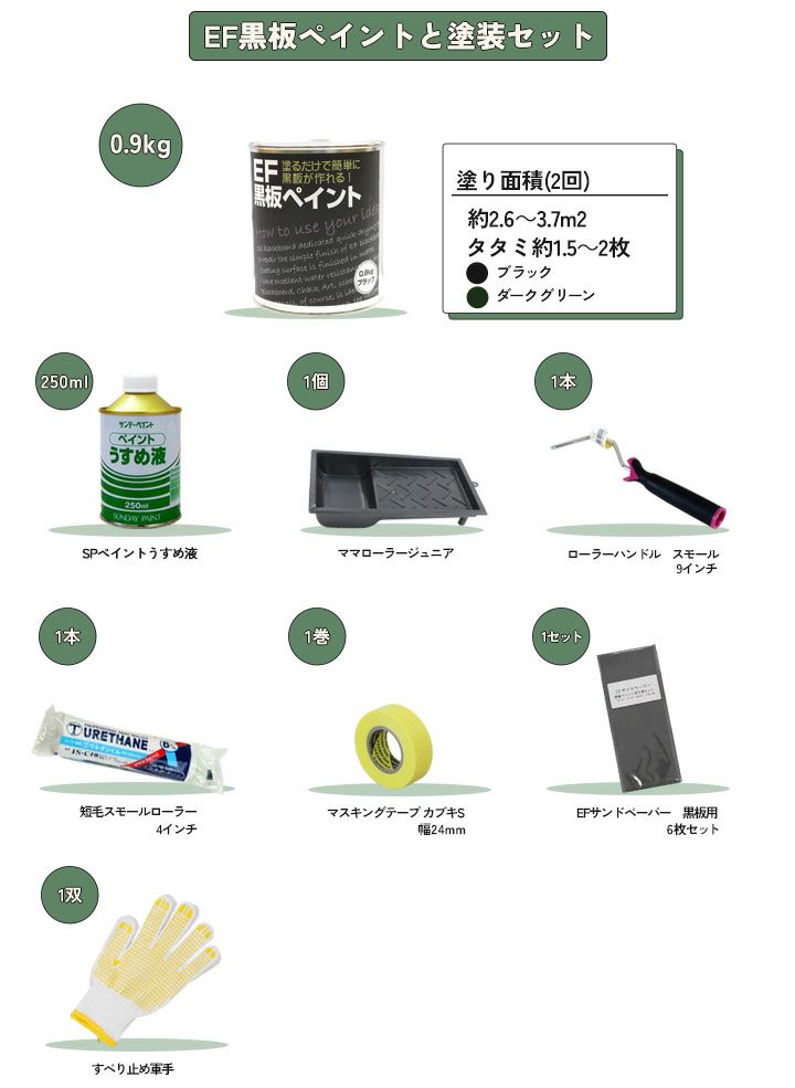 【黒板塗料】EF黒板ペイント 0.9kg＋かんたん塗装用具セット （チョークボードペイント/油性/ペンキ/塗装キット付き）