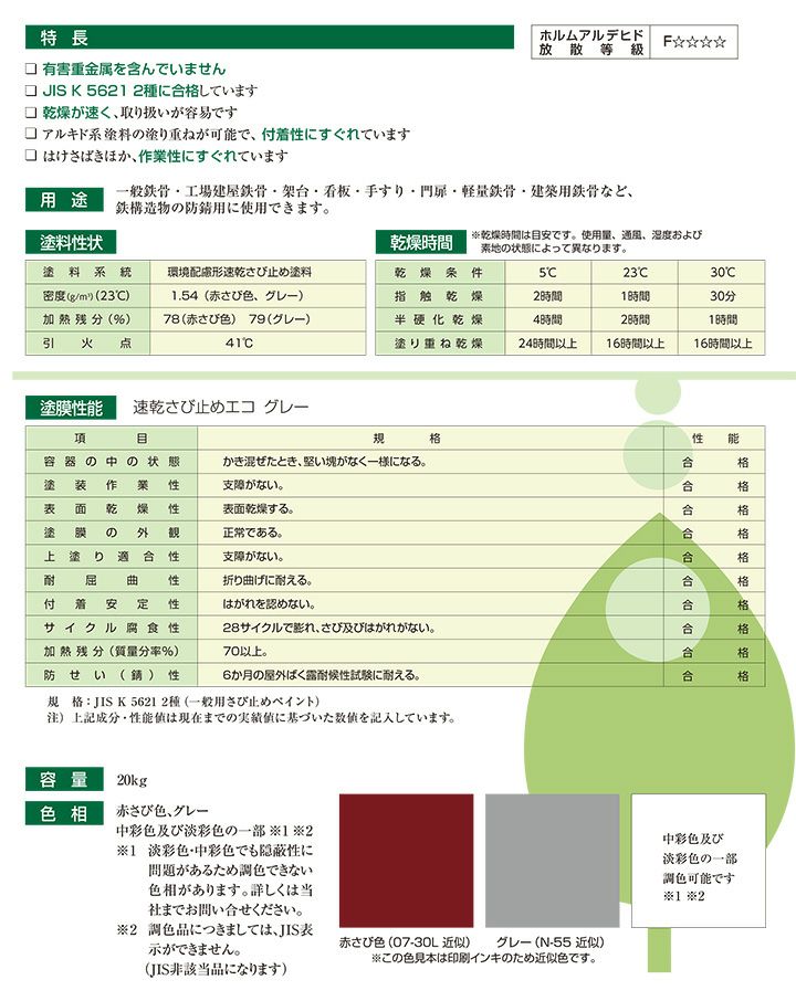 速乾さび止め エコ　赤さび色　20kg　（日本ペイント/油性/錆止め/下塗り）