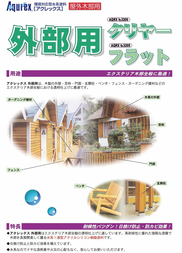 【艶有/木部用/強靭塗膜】 アクレックスNo.3200 外部用 4L ＜クリヤー:つや有＞ 水系１液型アクリルエマルション塗料（紫外線吸収効果と防カビ剤配合） 屋外木部用塗膜塗料 和信化学工業